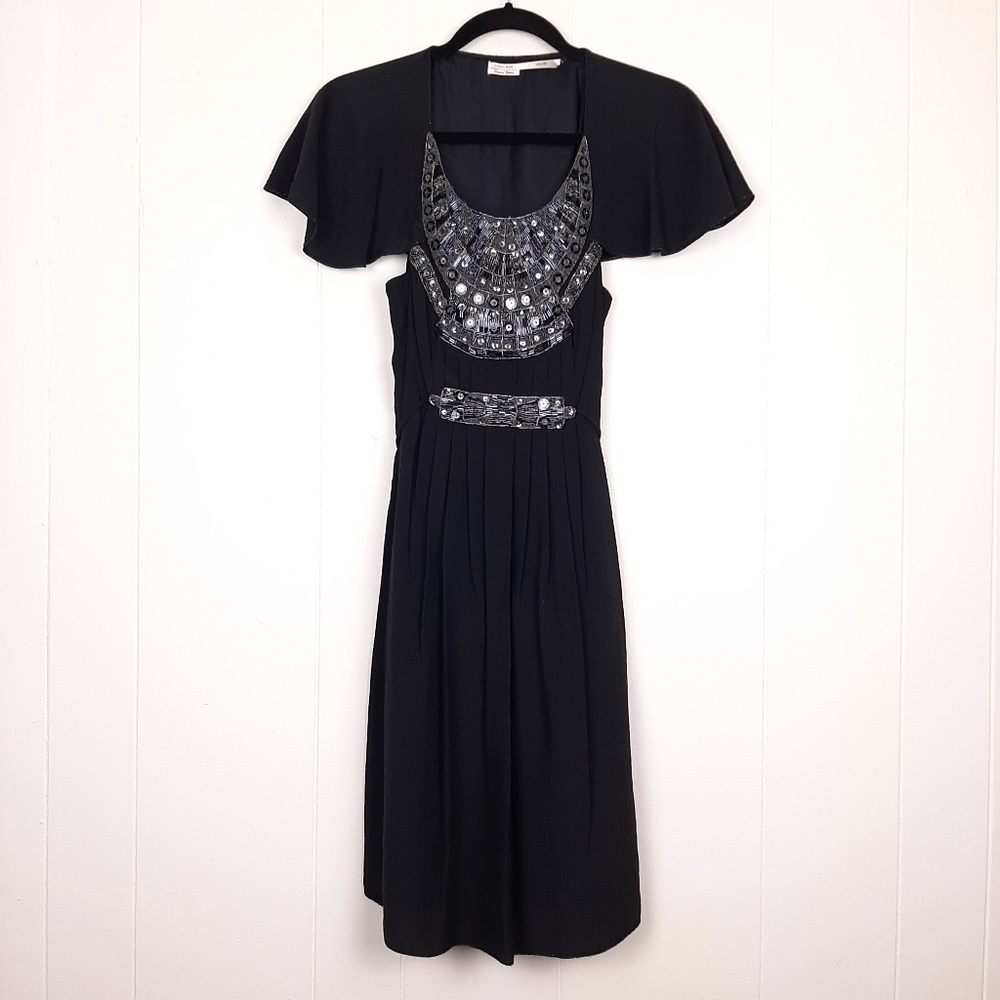 Leon Max silk beaded flutter sleeve knee length dress whimsigoth witchy black